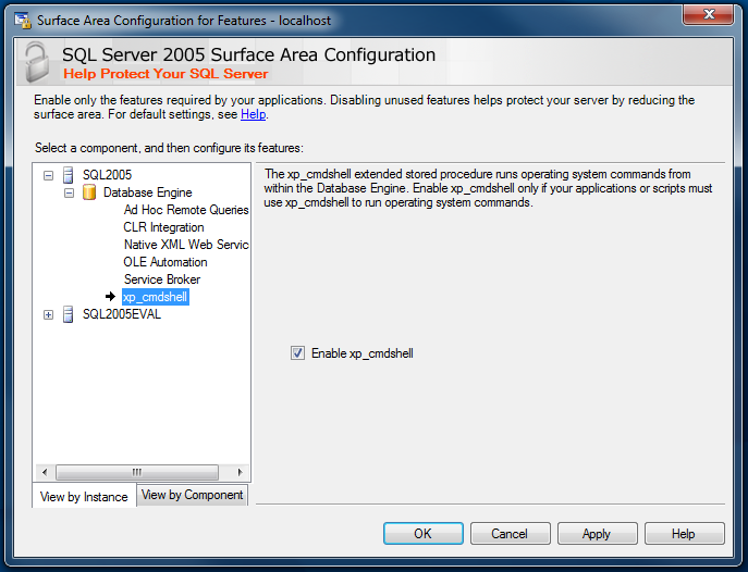 Em seguida selecionar a opção Surface Area Configuation for Features e aceder à opção Dabate Engine xp_cmdshell associada à base de dados da aplicação.