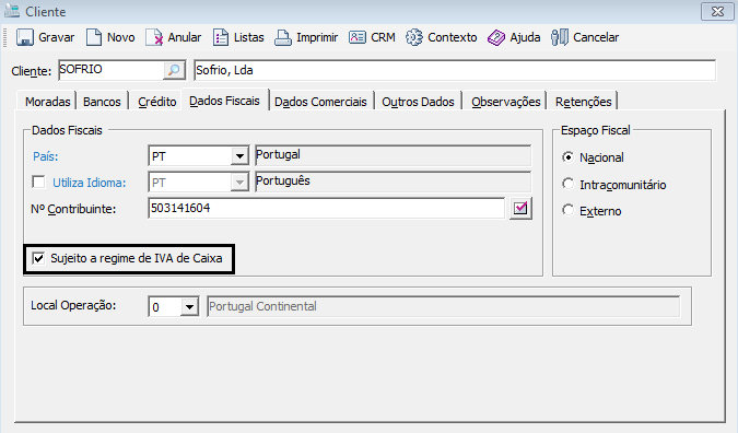 2. Nas configurações do cliente, marcar a opção [Sujeito a regime de IVA de Caixa] que se encontra no separador [Dados Fiscais]. 3.