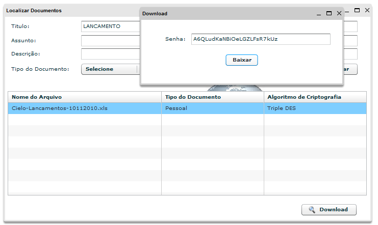 33 4.1.4 RESULTADO LOCALIZAÇÃO Após a localização do documento o sistema emite um tela de PopUp para que seja adicionado a senha para descriptografar o arquivo. A figura 4.6 mostra este processo.