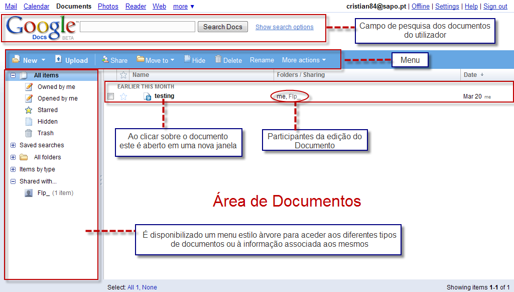 Google Docs Aplicação Web que permite a criação e partilha de documentos