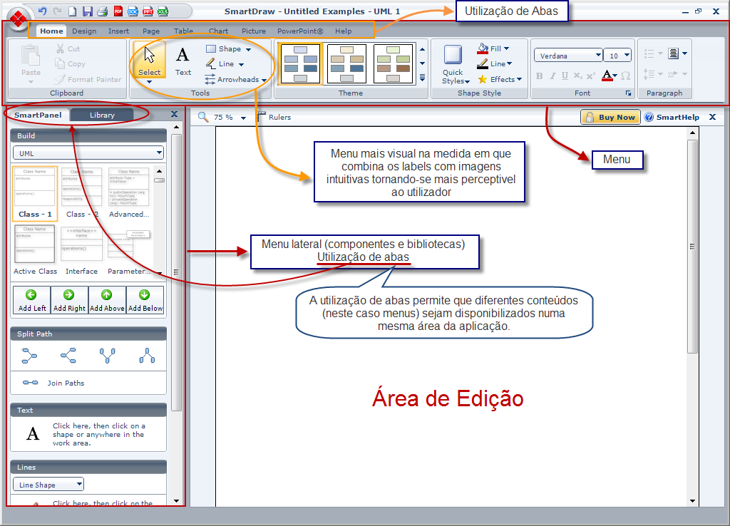 SmartDraw Aplicação Desktop para a Edição de Modelos Figura 75 SmartDraw Layout e estilos de interacção O SmartDraw diferencia-se dos outros editores, na medida em que o menu superior apresenta uma