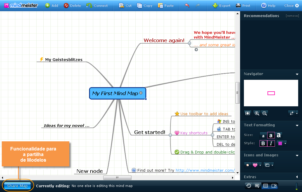 Figura 8 MindMeister (65) Partilha de Modelos Existem várias técnicas que podem ser utilizadas para permitir ao utilizador partilhar o seu trabalho ou convidar outros para colaborarem consigo.