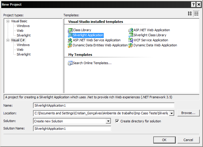 Silverlight - Implementando o caso prático Depois de instalado o Silverlight, basta apenas executar o Visual Web Developer e, na criação de um novo projecto escolher a opção
