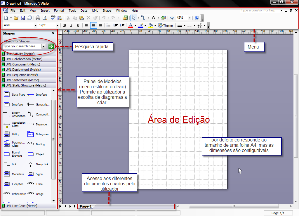 6 Anexo 1 Estudo das Interfaces e Estilos de Interacção em Editores de Modelos Microsoft Visio 2007 - aplicação Desktop destinada à edição de modelos UML.