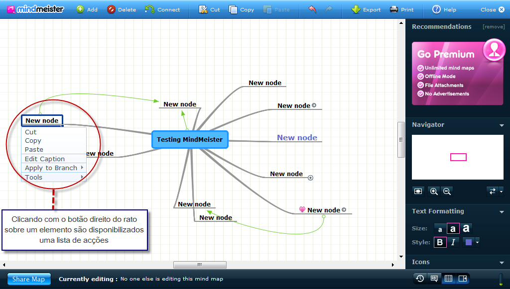 Figura 62 MindMeister Manipulação de objectos Figura 63 MindMeister Edição de elementos no canvas O MindMeister é uma