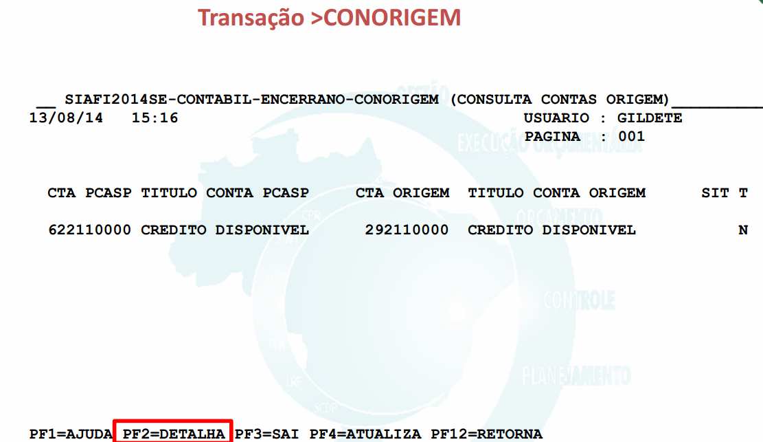 Consulta do Novo Plano de Contas (ConOrigem) Transação >CONORIGEM 4 Consulta do Novo Plano de Contas (ConOrigem) 4.