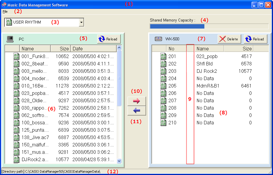 Janela de operação e pastas de dados Janela de operação (1)Barra do título Clicar no botão de fechar ( ) no lado direito da barra do título fechará o Data Manager.