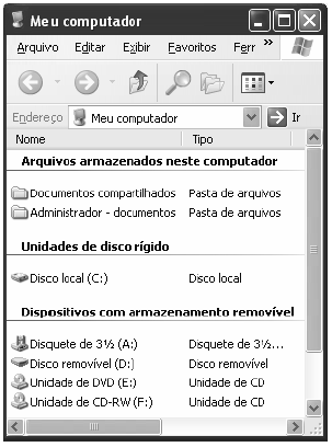 A figura acima ilustra a janela Meu computador, do Windows XP.Com relação à janela do Windows XP mostrada na figura acima e ao Windows XP, julgue os itens a seguir. 37.