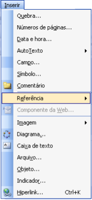 5. O MENU INSERIR As opções disponíveis no menu Inserir podem ser usadas para que o programa insira algo no documento, desde um objeto gráfico até algumas marcações específicas, como quebra de