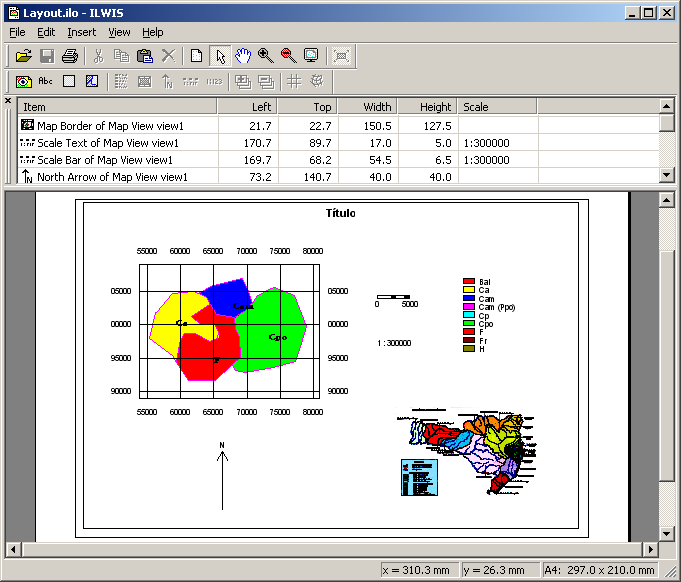 Opção Map View adiciona outra view ao layout Text - adiciona textos Legend - adiciona legenda a um tema no layout Scale Bar - adiciona barra de escala Scale Text - adiciona escala em forma de texto