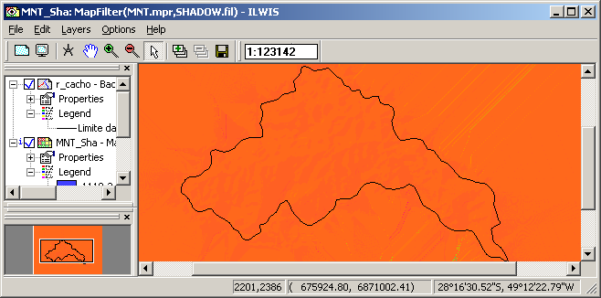 Selecionar o filtro shadow e dar o nome de MNT_Sha ao novo mapa. Abaixo, o resultado: A visualização não é boa pois, para esse mapa, o software atribui o domínio pseudo.