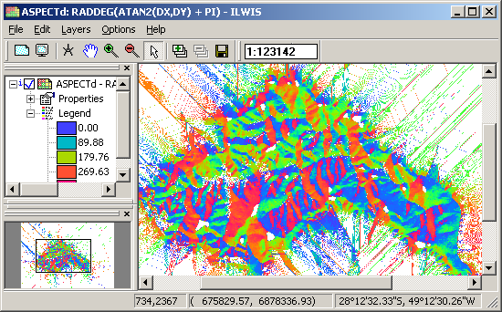 Para converter as percentagens em graus, digite: ASPECTd = RADDEG((ASPECTR)) Se desejar, podem ser combinados os dois comandos acima: ASPECTd = RADDEG(ATAN2(DX,DY) + PI)