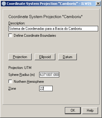 CoordSystem Ortho Photo: para a criação de ortofotosao dar o nome, uma nova tela de entrada aparecerá. É solicitada a projeção, o min x e min y, e max x e max y, onde deverá estar a área de trabalho.