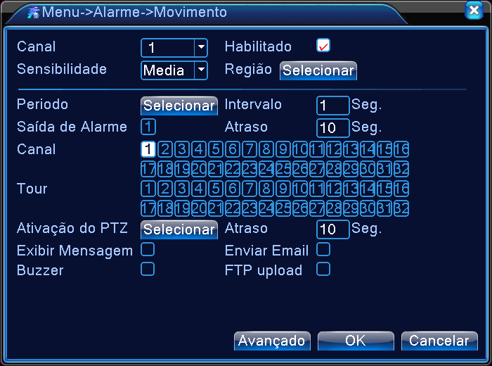 4.3 Alarme Configurações de Detecção de movimento, Oclusão, Perda de vídeo, Entrada e Saída de alarme e Anormalidade. 4.3.1 Movimento Configuração de parâmetros de detecção de movimento e manda notificações a partir de um movimento detectado, cesso Menu/Alarme/Movimento.