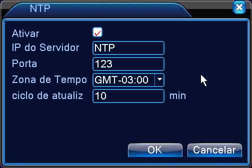 PPPoE Ativar Usuário Senha Endereço IP NTP Ajuste o DVR para atualizar as data e hora de seu IDVR automaticamente através