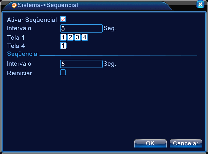 4.4.6 Sequencial Ajuste o modo de sequenciamento automático das imagens na tela. Ativar Sequencial Ative a função Sequencial. Intervalo Ajuste o intervalo do tempo para o sequenciamento das telas.