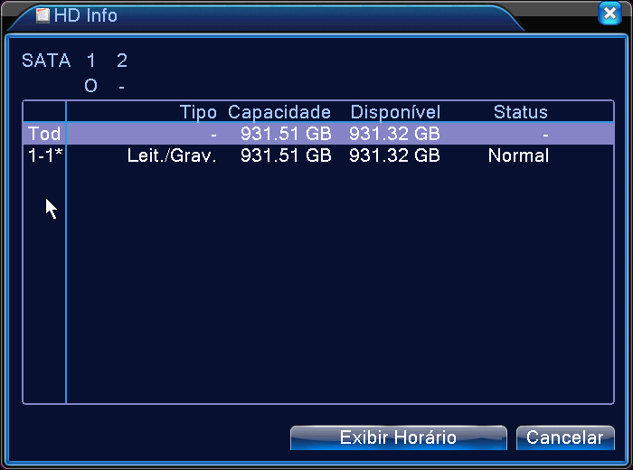 4.5.1 HD Info Mostra informações de números de HD conectados no idvr, tipo do HD(modo de operação do HD no sistema), capacidade total de armazenamento, capacidade individual de cada HD, data da