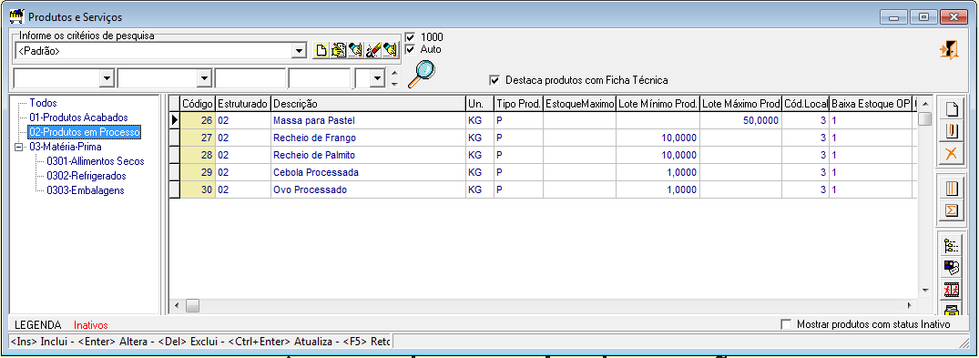 No nosso exercício vamos considerar que os produtos em processo ficarão na câmara fria. Na aba Produção: Nos produtos intermediários vamos começar a trabalhar com lotes de produção.