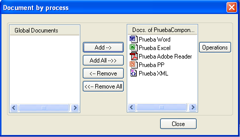 Para associar um documento ao processo, ele deve ser selecionado da lista Global Documents e pressionar o botão Add-->. É possível associar todos os documentos mediante o botão Add All-->>.