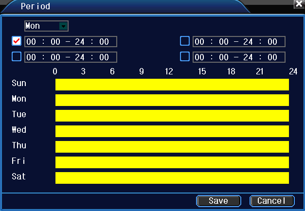 Imagem 4.5 Seleção Period Acionar o sinal de detecção de movimento na seção de tempo definido. Você pode configurar de acordo com a semana ou definir de maneira uniforme.