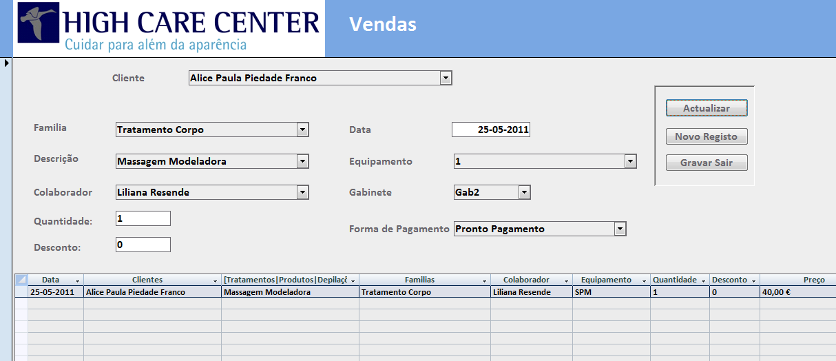 ANEXOS Vendas Abre este ecrã: Este Ecrã tem como finalidade registar as vendas por cliente. Para isso basta seleccionar o nome do cliente no campo Cliente e preencher os outros campos.