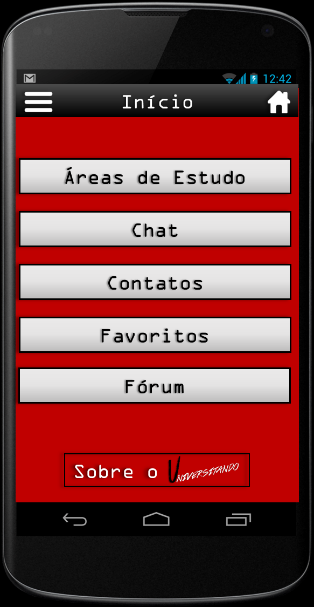 A Figura 3 revela uma das mais importantes telas do aplicativo, o Início, onde verificam-se as opções de: Áreas de Estudo, Chat, Contatos, Favoritos e Fórum, cada uma dessas particularidades