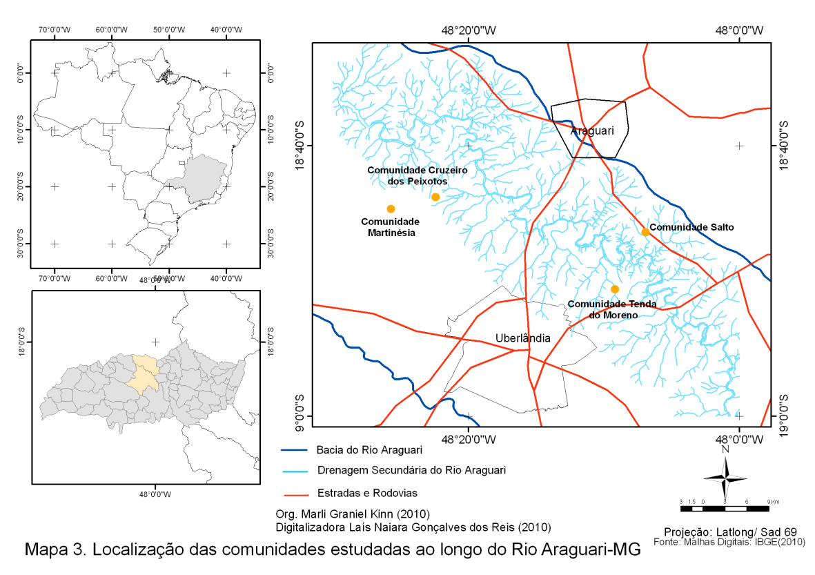 Mapa 1- Comunidades da área de estudo da bacia Hidrográfica do Rio Araguari, MG De acordo com a concepção de turismo, alimentada, nutrida e propagada pelo capitalismo, ou seja, mercadoria, nesse