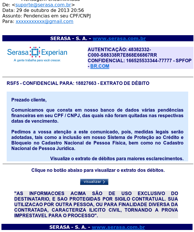 Figura 4: Um email falso (phishing) acusando o destinatário de inadimplência com um link que, ao ser clicado, baixa uma variante do TROJ_BANLOAD 1 Apesar dos arquivos.