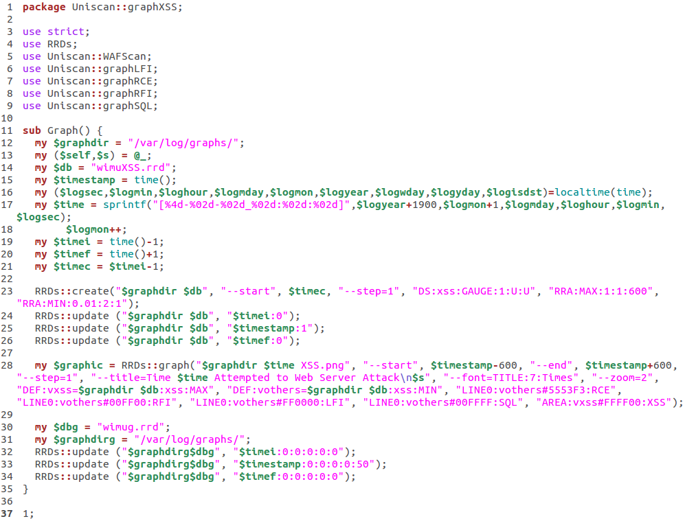 60 Figura 16: Código-fonte da classe graphxss.pm Fonte: do Autor. Findando as classes implementadas, tem-se a quinta e última, responsável pela geração dos gráficos de vulnerabilidades do tipo XSS.