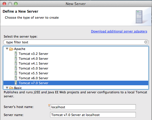 Na tela que abrir, encontre e selecione Tomcat 7.0 Server. Depois, clique em Next.