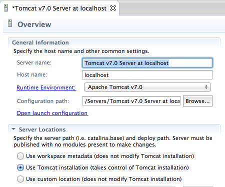 Você verá o Tomcat adicionado na view Servers. Dê um duplo clique no servidor do Tomcat adicionado na view.