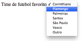 <option value="santos">santos</option> <option value="são Paulo">São Paulo</option> <option value="vasco">vasco</option> <option value="outro">outro</option> </select> O valor especificado no