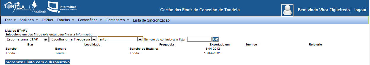 5 - Concepção e Implementação A selecção pode ser feita ETAR a ETAR, seleccionando o ícone no início de cada linha ou então poderá ser aplicado um filtro de selecção e marcar um conjunto de ETAR s,