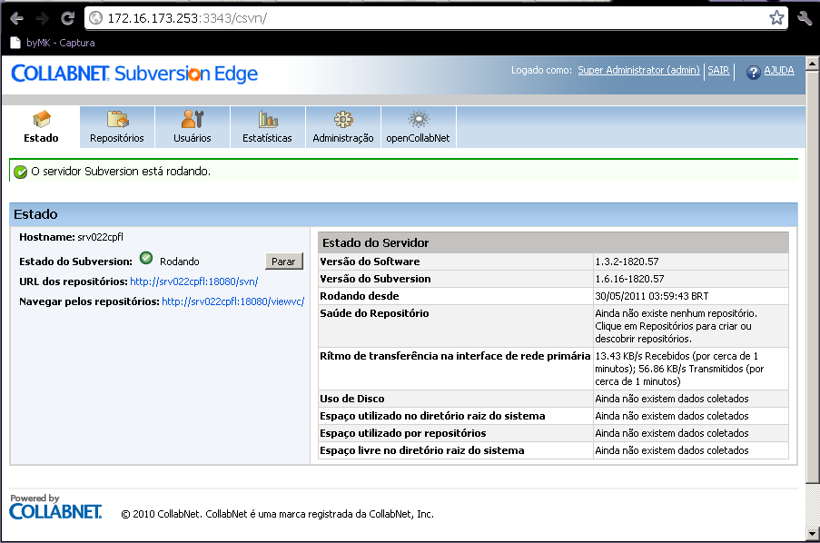 Neste caso, foi criado o usuário comum svadmin para a instalação e utilização do CSVN Server.