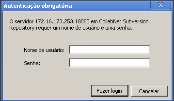 Ao acessar o endereço do repositório, é solicitada senha: Funcionalidade Subversion (Tigris) Subversion Edge Autenticação Plain Text htpasswd e LDAP Interface WEB