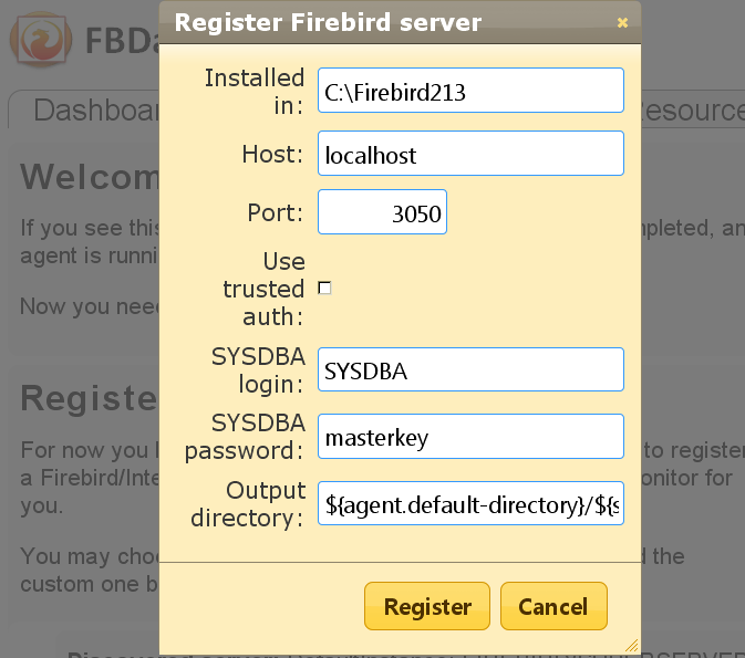 13 FBDataGuard 2.8 Guia do Usuário 3.3. Registrando o Servidor Firebird Para registrar servidores descobertos você precisa clicar em Add to monitoring>> e depois ajuste as configurações de descoberta.