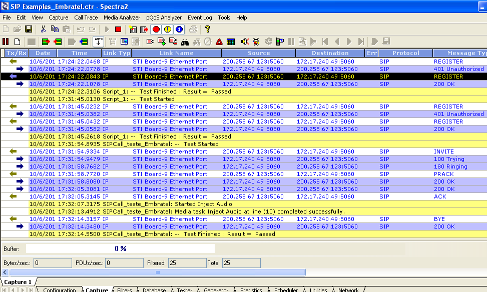 Figura 4.11: Script de teste criado no Spectra2. Tendo o script sido executado, o spectra2 responde com os resultados obtidos de uma chamada entre ele e um telefone convencional.