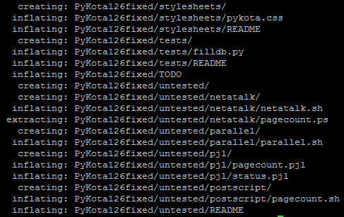 Quando executar novamente o comando unzip PyKota126fixed.zip, terá como exibição algo semelhante a figura 46. Figura 46- unzip PyKota126fixed.zip. O diretório PyKota126fixed será criado, entre nele e prossiga.