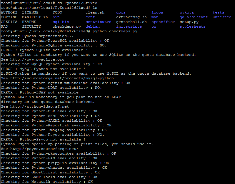 Figura 47- Checando dependências Pykota. Note que obtivemos 4 não conformidades: 1. Checking for Python-SQLite availability : NO. ERROR : Python-SQLite not available!