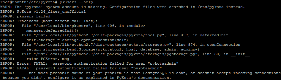 storageserver: IP_DO_SERVIDOR IP onde o banco de dados está sendo executado. storagename: pykota Nome do banco de dados, JPykotaGUI também utiliza este parâmetro.