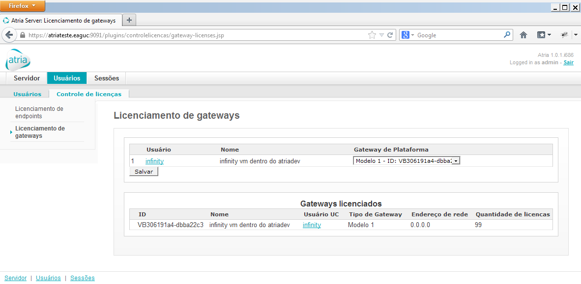 Licenciamento de gateways Um gateway está associado a uma plataforma PABX que pode ser integrada à Solução Atria.