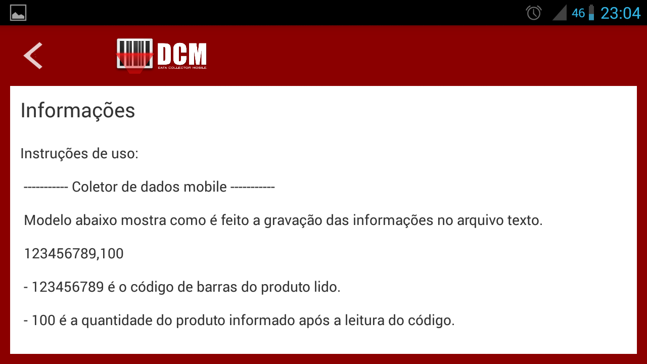 Figura 12: Tela: MainActivy Tela informações, são descritas instruções de como proceder para utilizar o coletor mobile