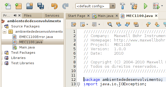 Figura 22: Pasta do projeto com a biblioteca MEC1100.java, EMEC1100Error.java já copiada. Voltando ao NetBeans, verifique se o pacote dos arquivos copiados estão corretos.