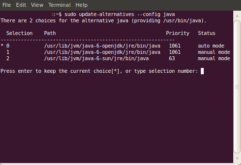 Para isso, em um terminal digite a seguinte linha de comando: sudo update-alternatives --config java Será mostrado a seguinte tela.