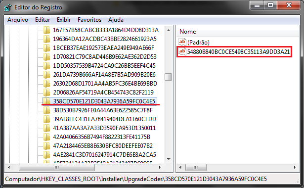 clicar em cima da pasta UpgradeCodes e