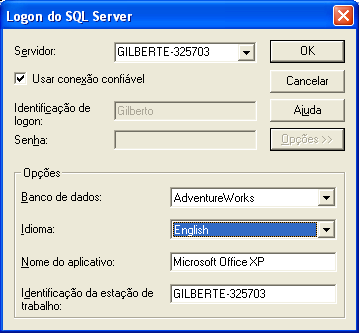 em AdventureWorks; Idioma, clique em English; Em Nome do Aplicativo, confirme se é a versão do Microsoft Office da sua máquina; Em Identificação da estação de trabalho, verifique se o servidor