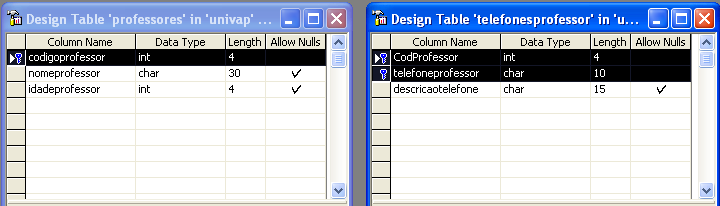 Figura 21 Reparem na figura que foram criadas as tabelas professores e telefonesprofessor. Analise as seguintes observações: 1.