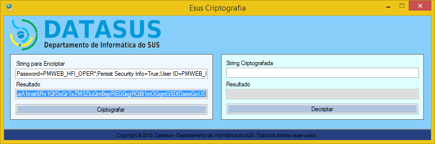 Executar o programa Esus Criptografia, do CD de instalação do e-sus Hospitalar, selecionar a string com os valores de conexão com o banco de dados e colar no campo String para Encriptar.