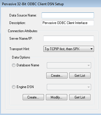 Uma nova interface gráfica está disponível para criar DSNs de 64 bits. Veja também a Tabela 1-4, Drivers ODBC Pervasive PSQL para Windows.