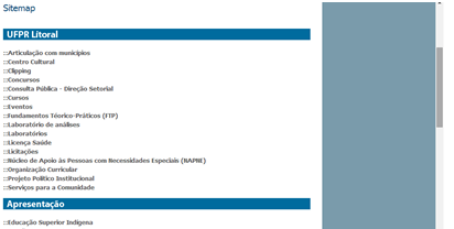 67 Apesar da UFPR Litoral oferecer um link com o mapa do site, ele não é exatamente aquilo que deveria ser.